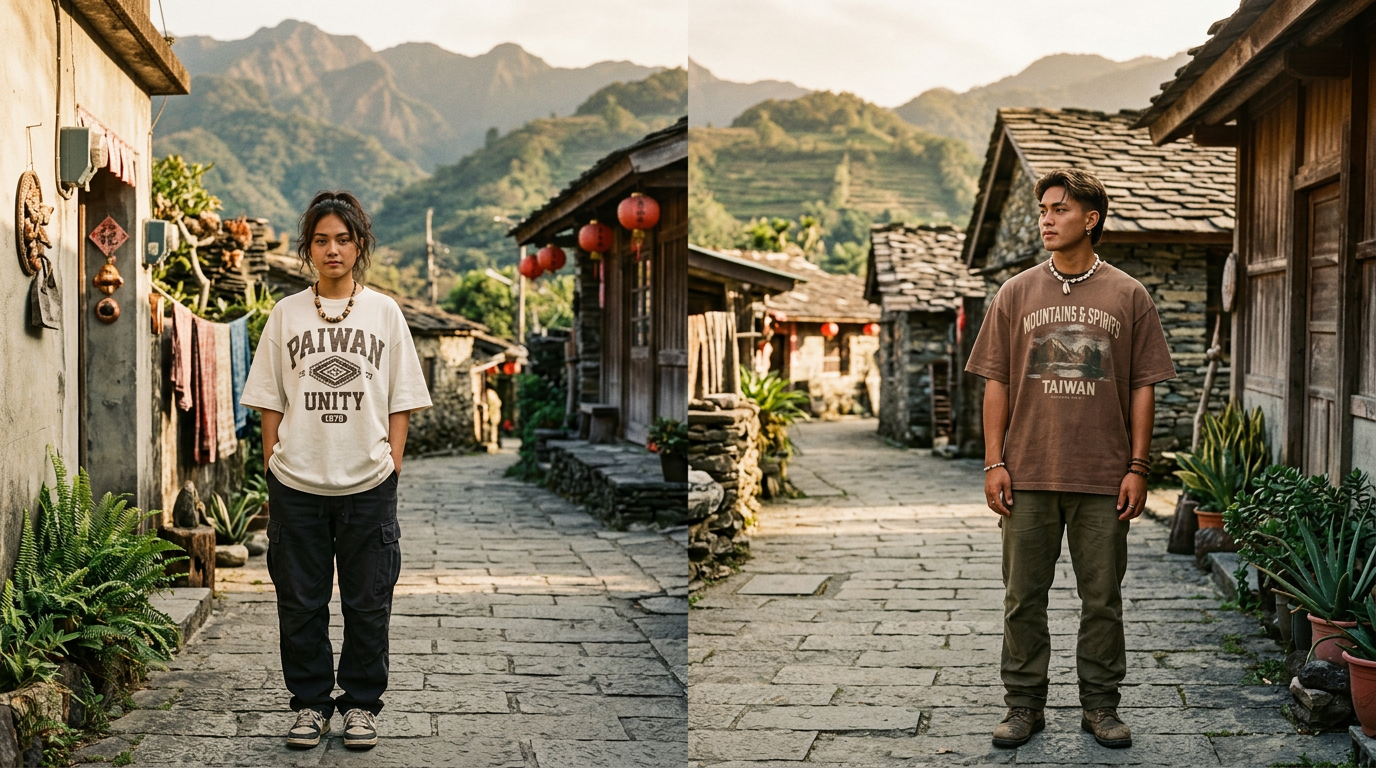 Two models wearing VL boxy graphic tees in a sunlit mountain village