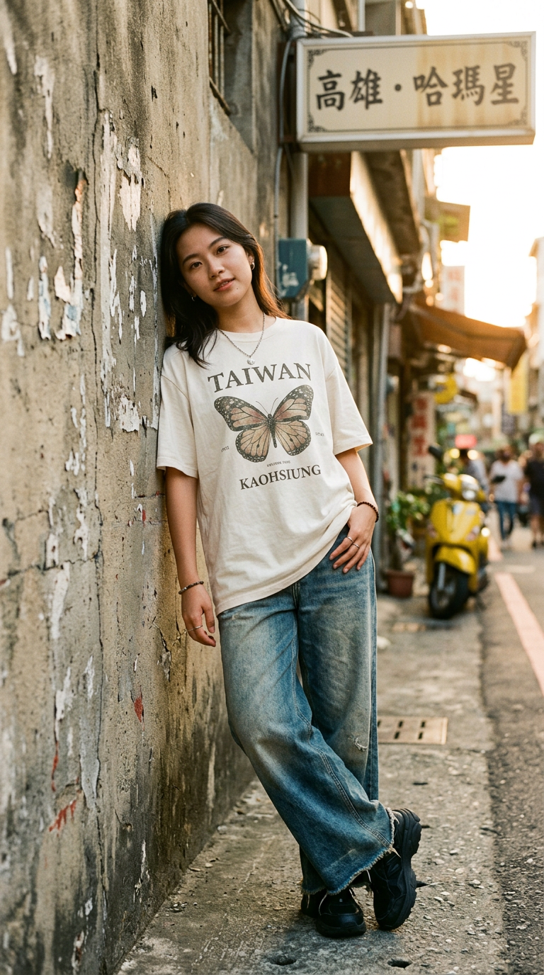 Model in an off-white butterfly graphic tee leaning on a weathered wall