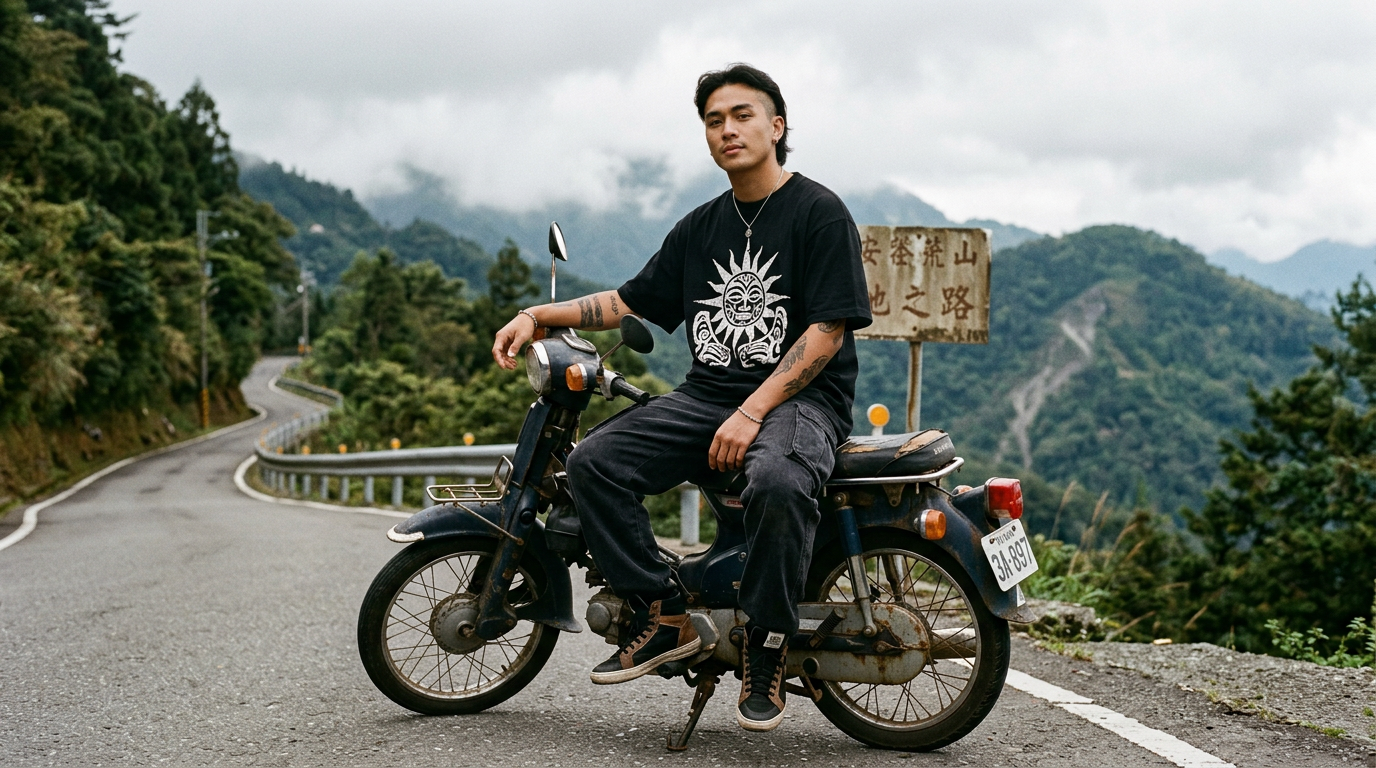 Model in a black sun graphic tee on a vintage scooter on a mountain road