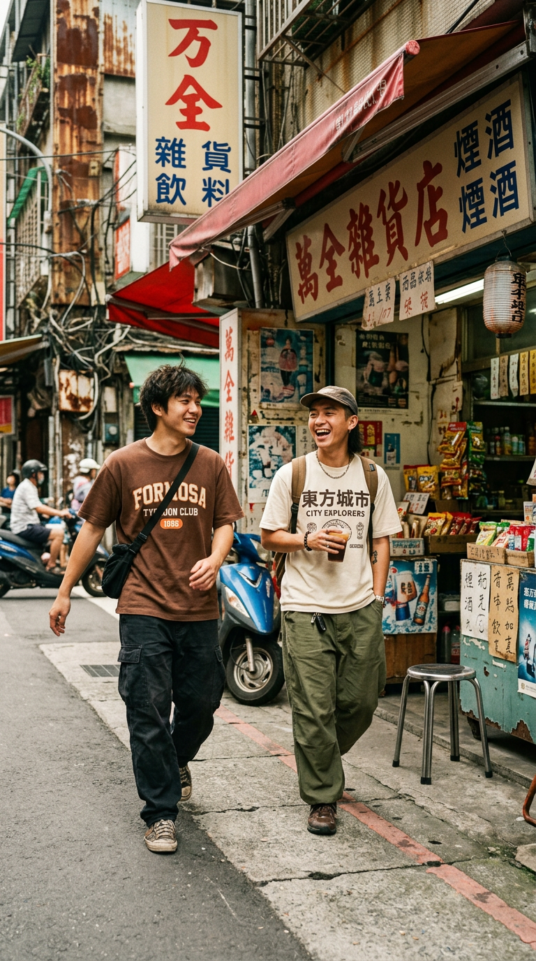 Two friends in brown and cream logo tees walking past a retro storefront