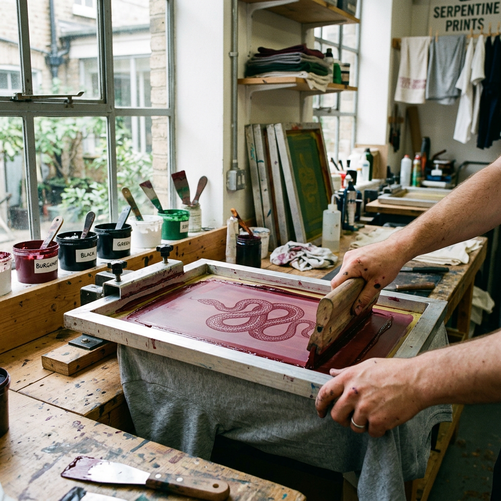 Hands screen printing a snake graphic in the studio
