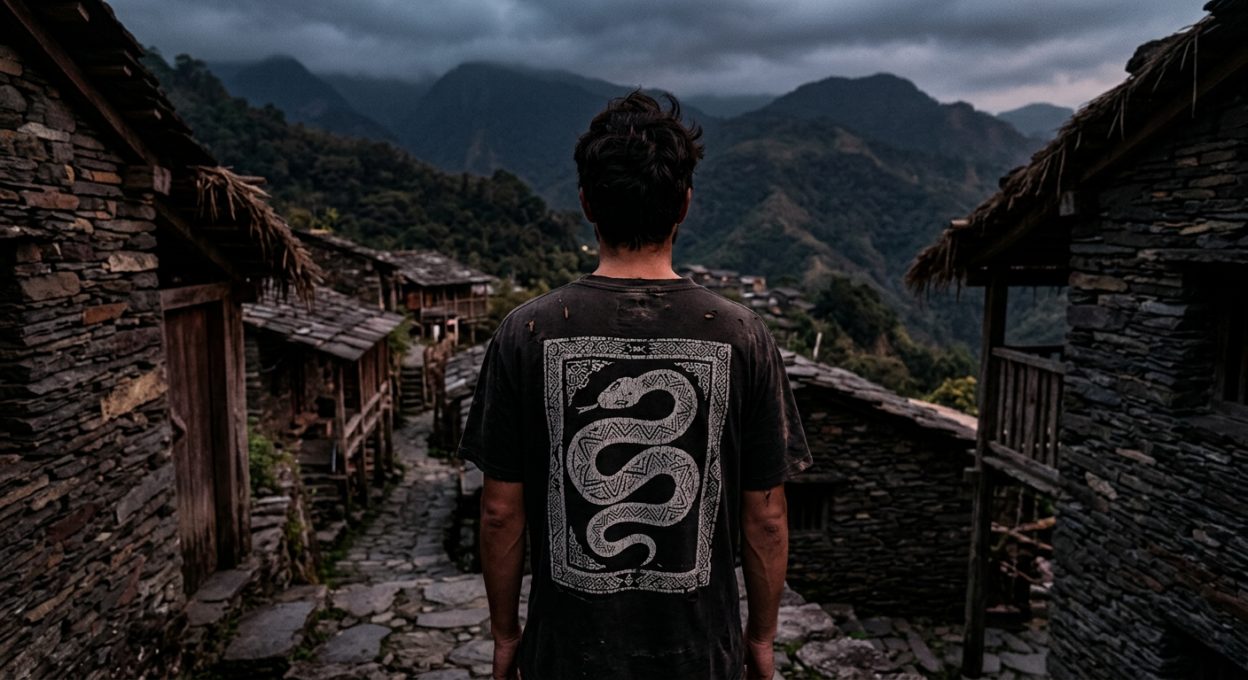 Back of a black tee with a cracked screen-printed snake graphic, among slate stone houses